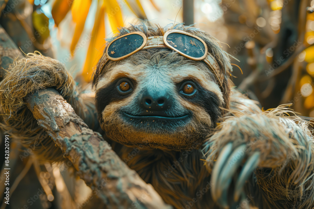 Poster close-up of a sloth with eye patches, hanging comfortably from a tree branch,