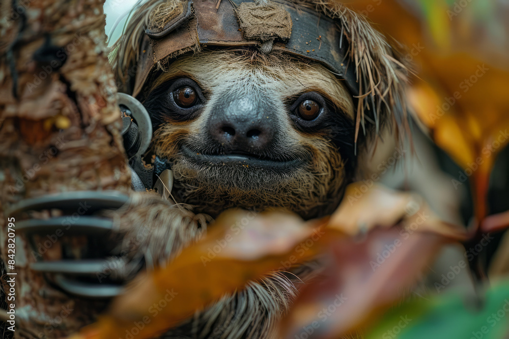 Poster close-up of a sloth with eye patches, hanging comfortably from a tree branch,