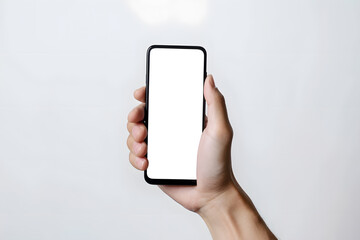 Man hand holding cell phone mock up isolated on white background