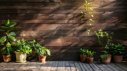 Dark wooden wall with plants and potted greenery on the floor. The sunlight shines through the window onto the wall. 