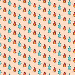 A pattern of fire and water is drawn on a light pink background. The fire and water are drawn in different colors and sizes, creating a sense of contrast and movement. Scene is playful and whimsical