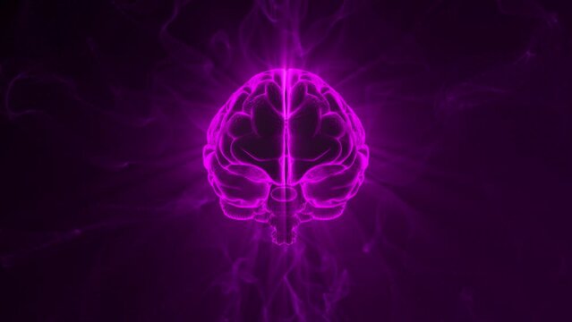 Looped animation of human brain spinning with smoke waves on a background. Abstract purple screensaver for science, biology, anatomy, education, mental strength and artificial intelligence. 4k 60 fps