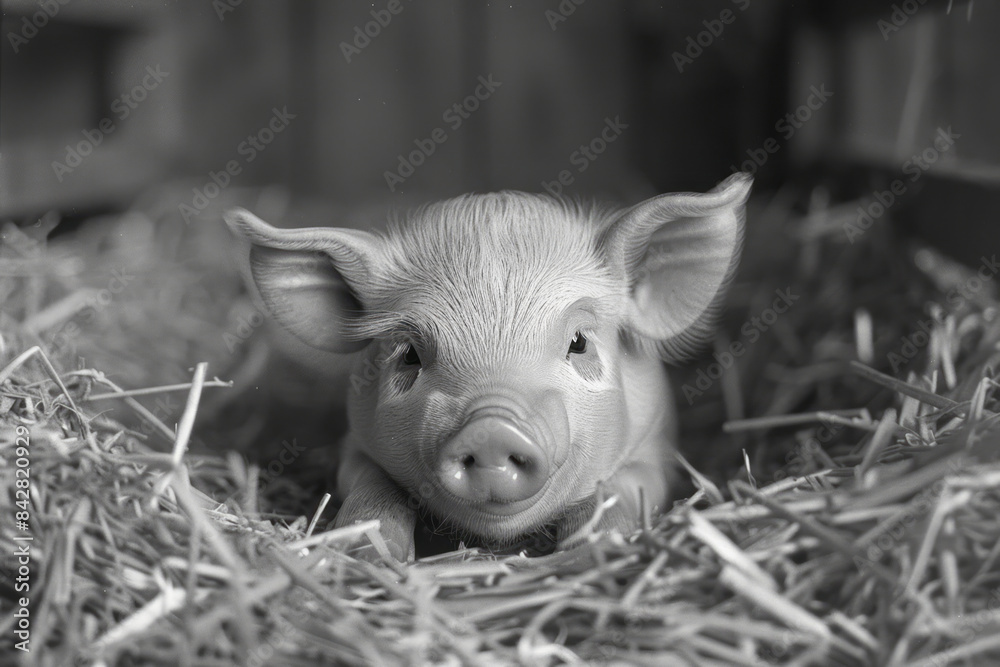 Poster close-up of a piglet with eye patches, resting in a straw-filled pen,