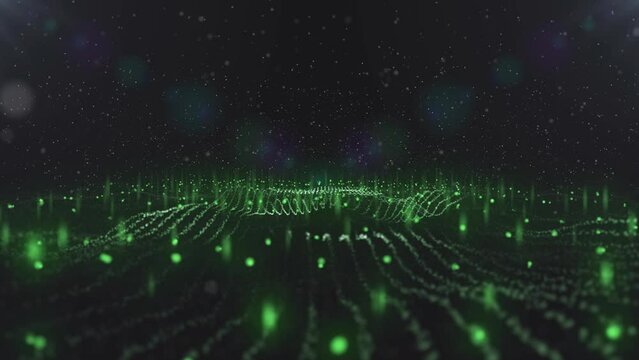 Smooth futuristic green particle field and lines simulating big data and technology with 3d camera flying over