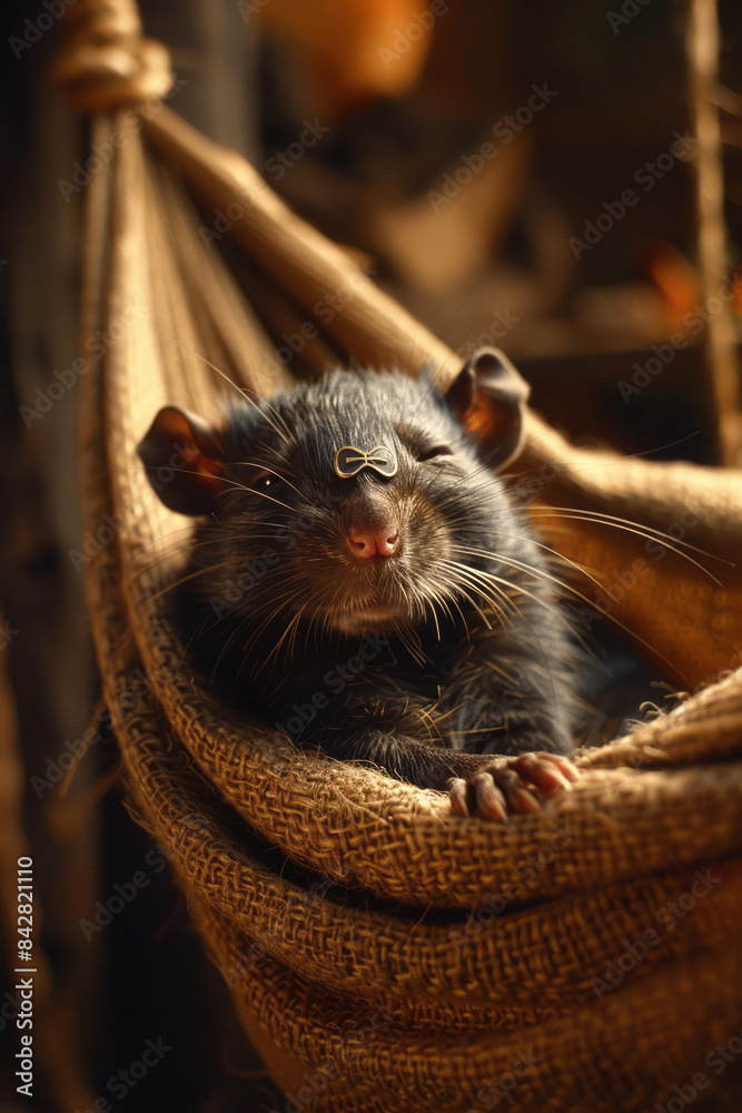 Poster detailed view of a rat with eye patches, relaxing in a small hammock,