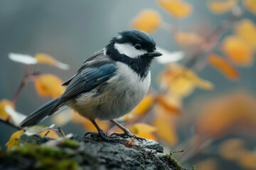 Elegant photo of a bird with under-eye patches, sitting quietly on a perch,