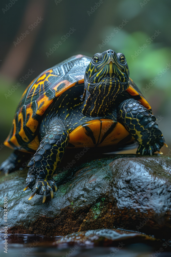 Aufkleber detailed view of a turtle with under-eye patches, resting on a rock,