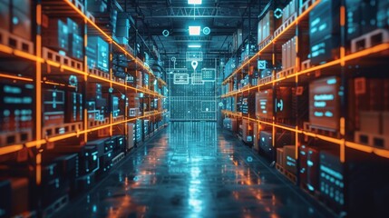 Holographic warehouse with boxes and pallets goods on shelves, digital technology overlay showing data visualization of product sales or global logistics network.