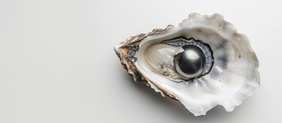 Black lip oyster shell with black pearl on white background, studio shot without people, with space for text.