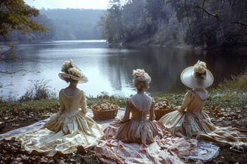 Papier peint photo Elegant Regency-era ladies enjoying a picnic by a serene lake,