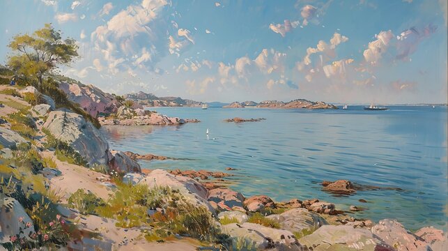 Coastal landscape with rocky shores, calm waters, and distant horizon