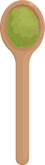 Wooden spoon is holding green powdered tea, ready to be added to a hot beverage