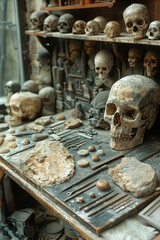 Detailed view of a sculptor&acirc;&euro;&trade;s tools laid out on a workbench,
