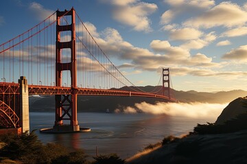 Fototapeta premium Golden Gate emerges from the fog, revealing St. Francis., generative IA