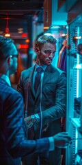 Obraz premium A handsome British gentleman is trying on a suit in a suit shop, and a service staff is measuring his clothes size