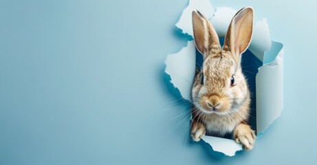 Obraz premium On a paper blue background, the Easter bunny looks out of a hole. Stock.