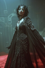 Elegant image of a drag queen in a dramatic cape, swirling on stage,