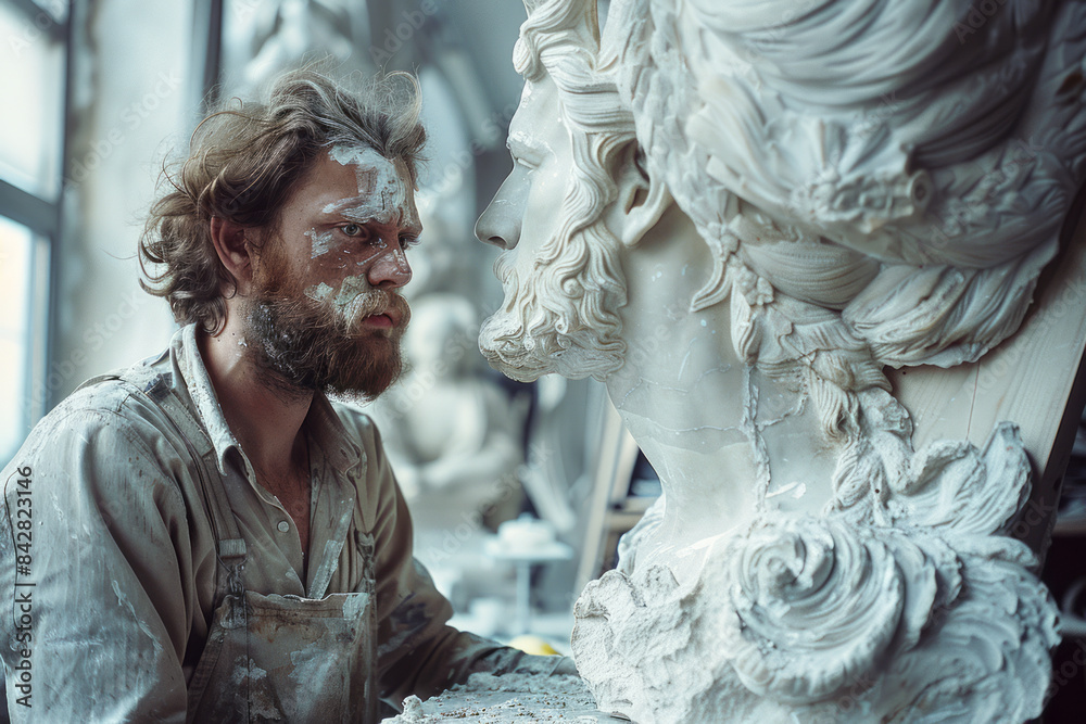 Aufkleber elegant photo of a sculptor working on a large stone statue in a studio,