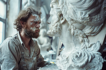 Elegant photo of a sculptor working on a large stone statue in a studio,