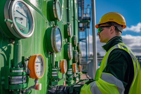Image of a technician in protective gear monitoring green hydrogen storage tanks using digital sensor readings.