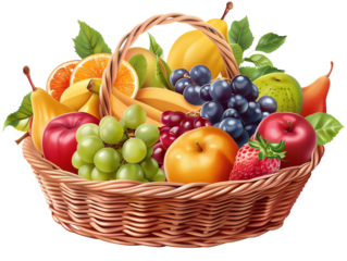 A woven basket overflowing with a variety of fresh fruits, including apples, oranges, grapes, bananas, pears, and strawberries.