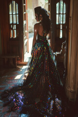 Aesthetic shot of a drag queen adjusting a glittering gown backstage,