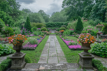 Elegant landscape design with a formal garden layout and symmetrical flower beds,