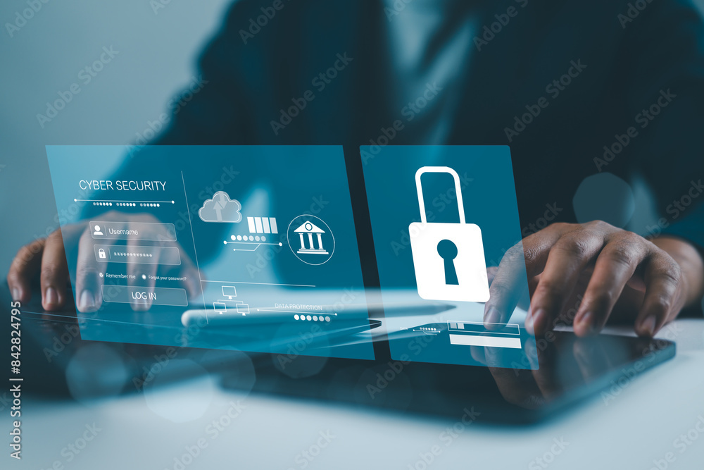 Poster Cyber ​​security and data protection, businessman uses tablet to connect network, personal data security, padlock icon, internet security business and networking.