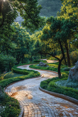 Obraz premium Picturesque landscape design with winding pathways through a lush green park,