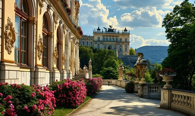 Design a flag featuring SchÃ¶nbrunn Palace for "Austria," realistic photo