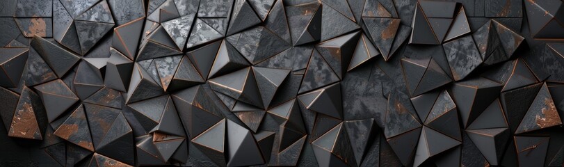 3D rendering of an abstract dark geometric background with metallic glows. Gradient transition of light.
