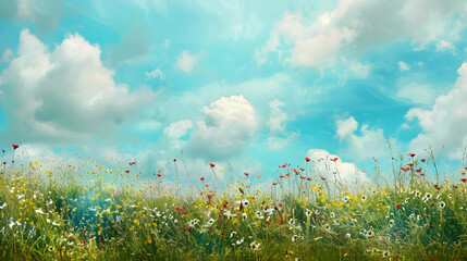 Fototapeta premium Enchanting meadow with wildflowers and cerulean sky. Panoramic perspective banner. Copy space concept. 