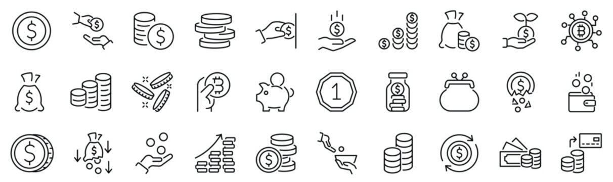 Set of 30 outline icons related to coins. Linear icon collection. Editable stroke. Vector illustration