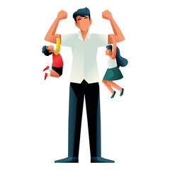 Vector Father Lift Up Children Cartoon Illustration Isolated
