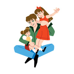 Vector Father And Children Embracing Cartoon Illustration Isolated