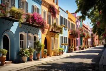 Obraz premium Rainbow Row 18th century color houses in Charleston., generative IA