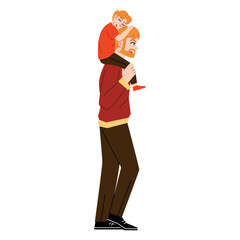 Vector Son Sitting On Fathers Shoulder Cartoon Illustration Isolated