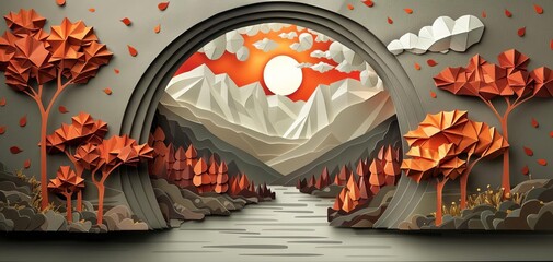 Chinese origami moon gate, intricate design, surrounded by nature, vibrant colors, serene atmosphere