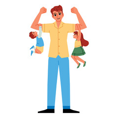 Vector Father Lift Up Children Cartoon Illustration Isolated