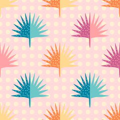 Colorful summer pattern with decorative tropical leaves on polka dot background