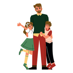 Vector Father And Children Holding Cartoon Illustration Isolated