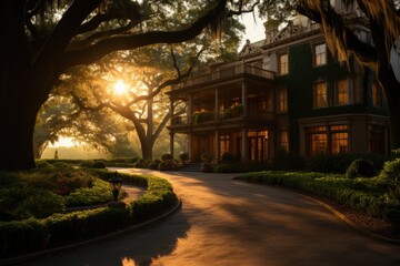 Sunset at Mercer-Williams House, Savannah, USA., generative IA