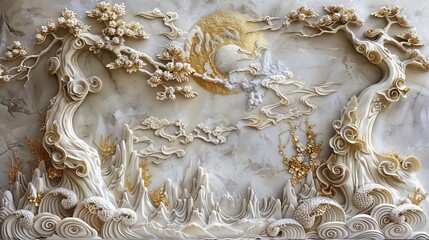 Chinesestyle stucco, golden highlights, modern, highresolution, soft shadows