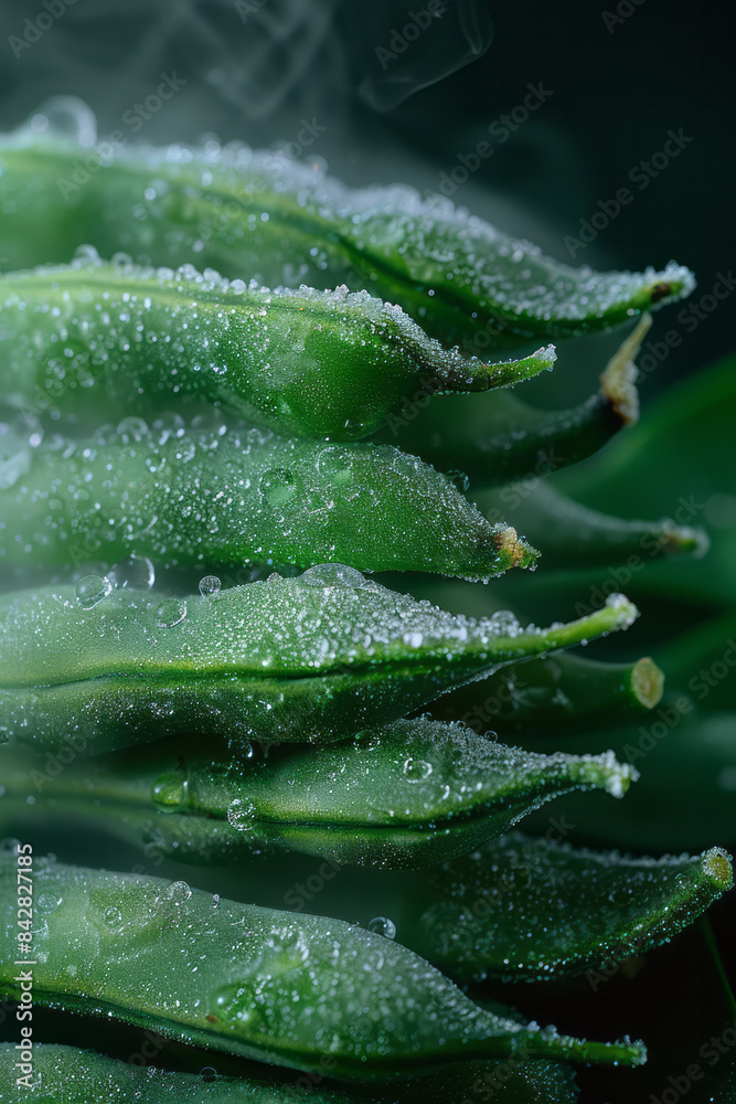 Poster macro close-up of frozen green beans with visible frosty steam, in a minimalist style,
