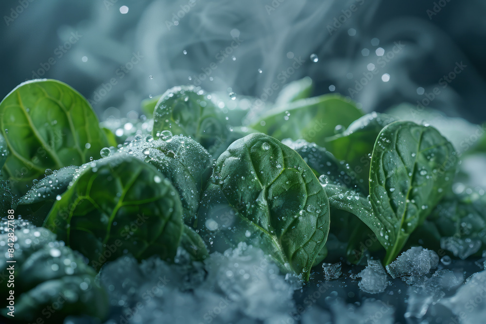 Poster minimalist image of frozen spinach with cold vapor in a macro view,