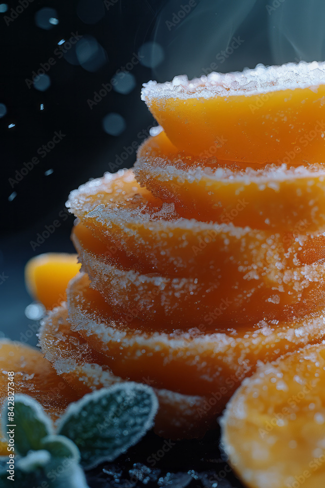 Poster macro close-up of frozen mango slices with visible frosty steam, minimalist style,