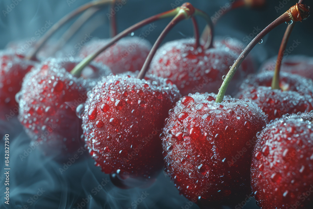 Poster minimalist image of frozen cherries emitting cold vapor in a macro view,