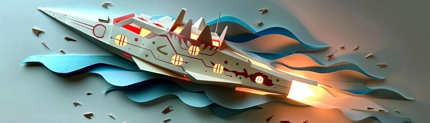 Futuristic origami spaceship, sleek design, Japanese motifs, glowing in the dark, metallic colors