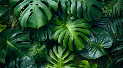 Tropical leaves with bold green patterns, lush and vibrant