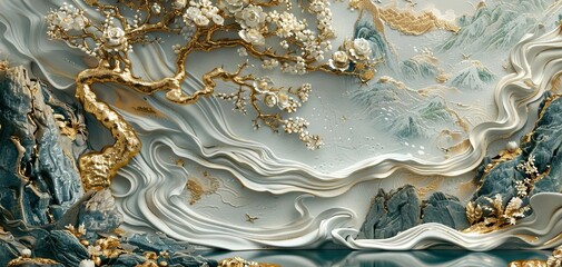 Japanese stucco design, gold accents, minimalist, highdetail, soft shadows
